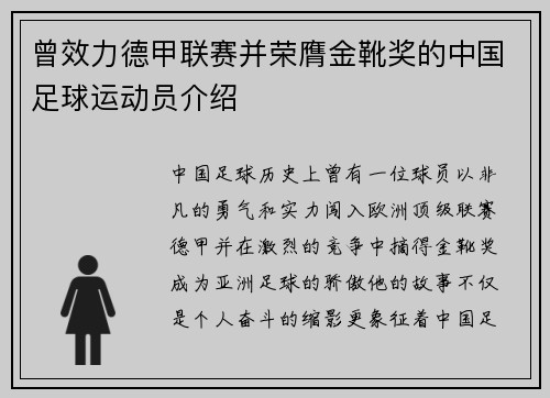 曾效力德甲联赛并荣膺金靴奖的中国足球运动员介绍